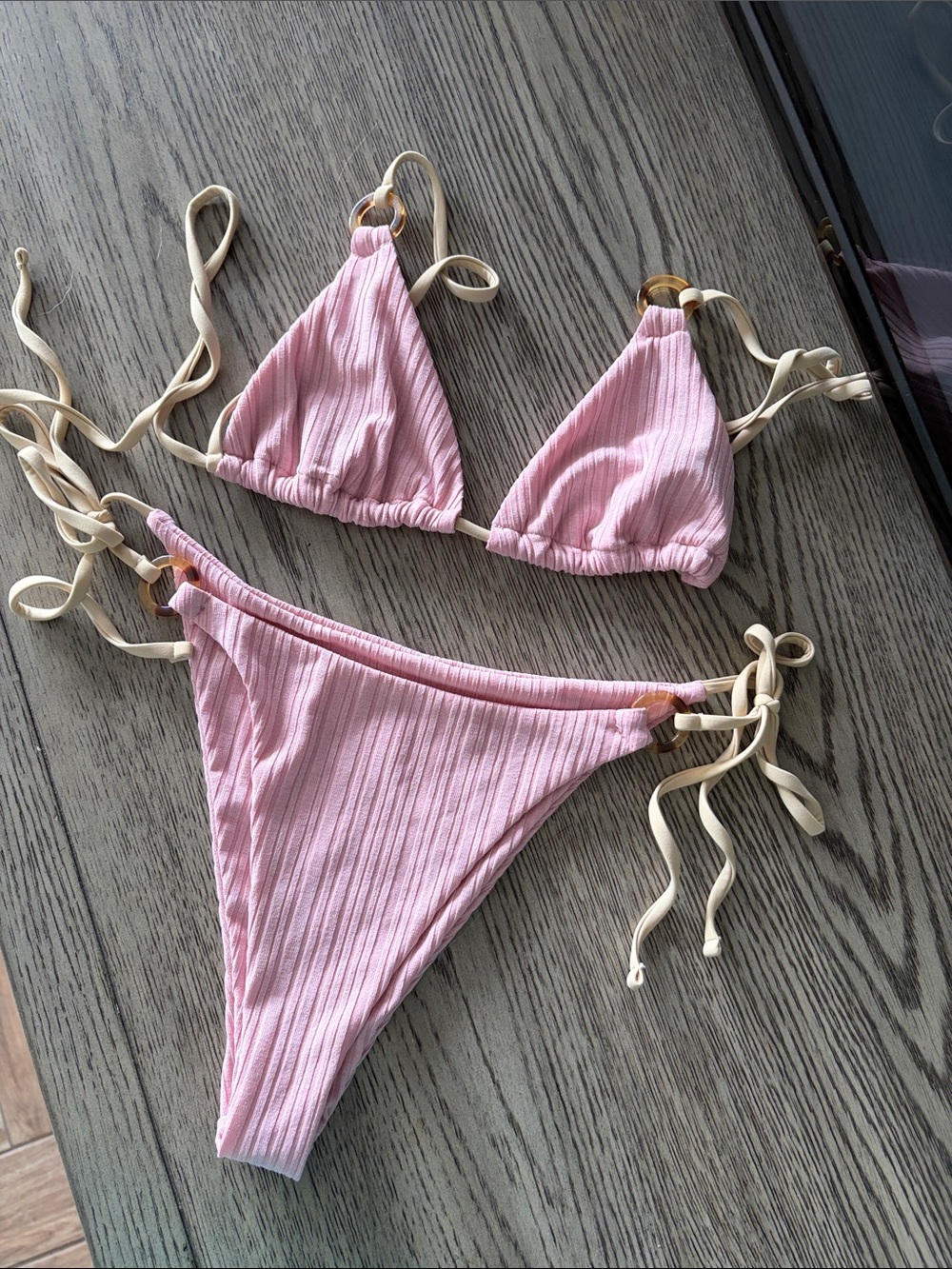 SHEIN Pink Ribbed Triangle Tie-Side Bikini